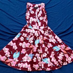 Voodoo Vixen Maroon and Pink Floral Midi Dress